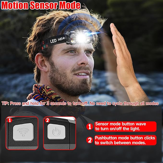 Headlamp Rechargeable 12Pack, 3000 Lumen Ultra-Light Bright Headlamp Flashlight with White Red Light, LED Headlight Motion Sensor, 5+5 Mode for Outdoor Camping Fishing Running Hiking (12)