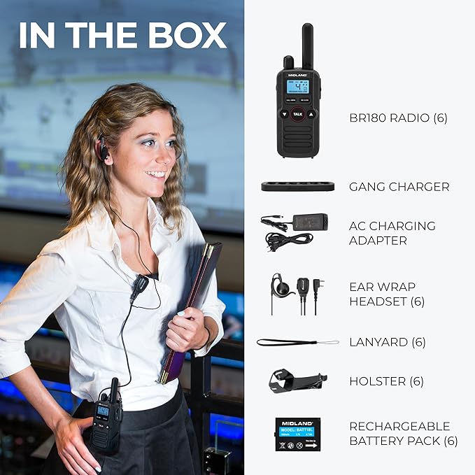 Midland BR180 BizTalk - UHF Business Two-Way Radio – 1W, 56 Channels, Headset, Desktop Charger, Rechargeable Battery – for Warehouse & Hospitality (6-Pack)