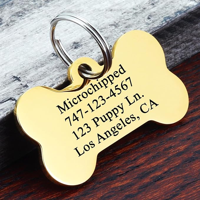 Ultra Joys Personalized Dog Tags for Pets - Durable Stainless Steel Customizable Dog Cat ID Tags - Dog Tags for Safety Optional Engraved on Both Sides -Bone Shape Dog Tag Large Size, Gold