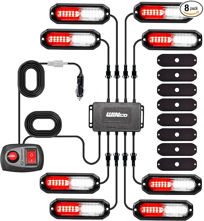 WINECO 8PCS LED Strobe Lights 12V Sync Feature Red White 12LED Emergency Hazard Warning Lights with Strobe Controller for Trucks Vehicles ATV RV Cars Van