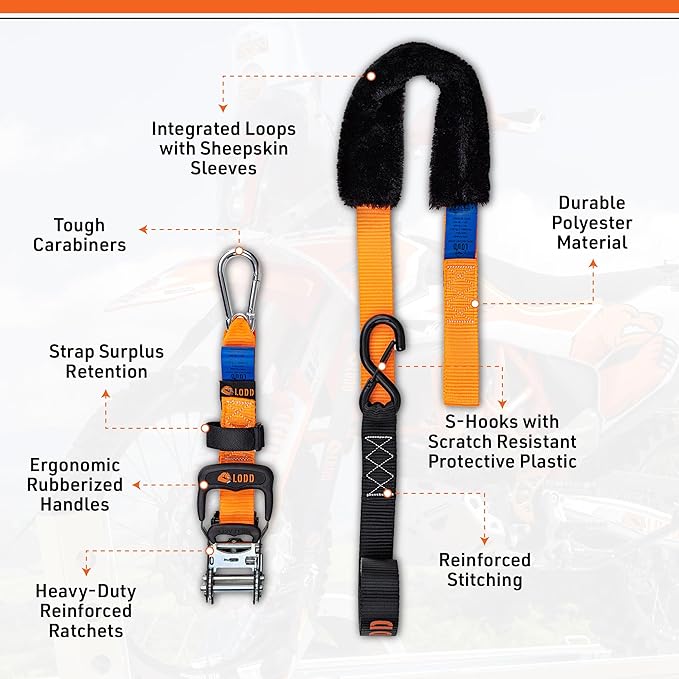 LODD – Motorcycle Tie Down Straps with Ratchets and Soft Sheepskin Loops – 1.5” Wide – 3,300 lbs Strength – Heavy-Duty Steel Hooks – for Motorcycles, Dirt Bikes, ATVs – Carrying Case Included