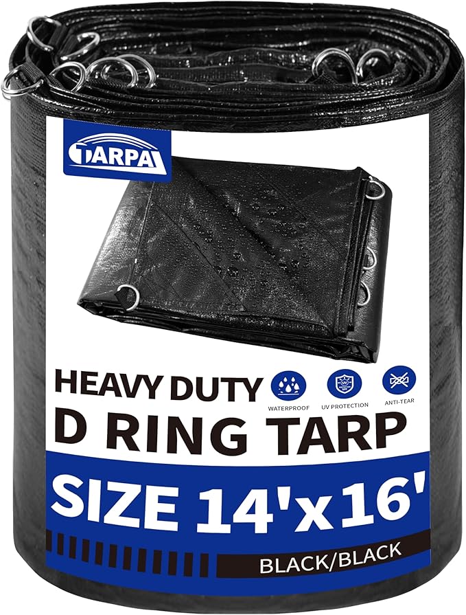 TARPAL Tarp 14x16 Feet Heavy Duty Tarps 14mil D-Ring Waterproof Tarp for Outdoors UV Protection Triangular Sewing Design Reinforced Corners and Edges（Black）