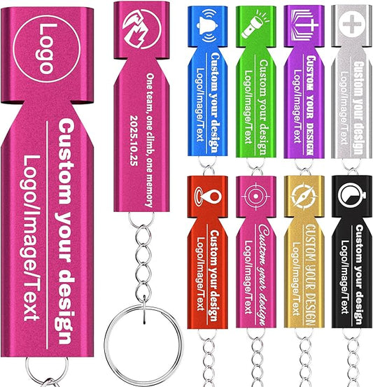10Pcs Custom Emergency Whistles, Personalized Aluminum Safety Survival Whistle with Keychain, Engraved Name or Logo, Double Tube High Pitch for Outdoor Camping, Hiking, Boating, Fishing