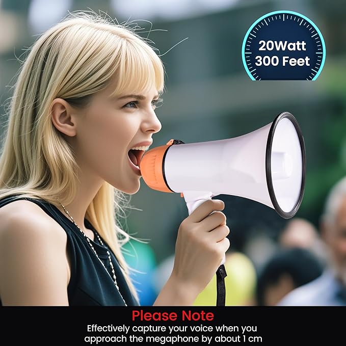 MyMealivos Portable Megaphone Bullhorn 20 Watt Power Megaphone Speaker Voice and Siren/Alarm Modes with Volume Control and Strap (White&Orange)