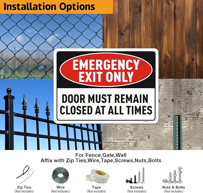 2PC Emergency Exit Only Sign, 10 x 7 Inches - Aluminum - Door Must Remain Closed At All Times Sign, Reflective Rust Free Aluminum, UV Protected, Weatherproof, Easy to Install