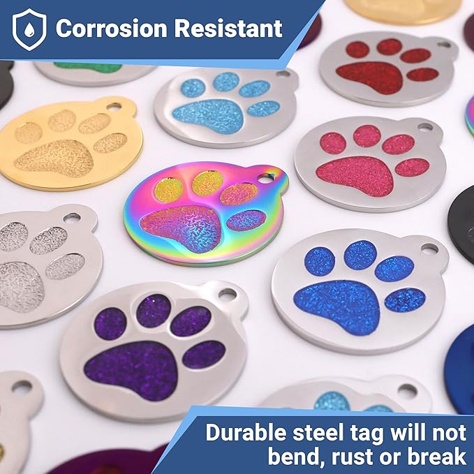 GoTags Paw Print Round Stainless Steel Pet Tag for Dogs and Cats, Personalized with 4 Lines of Custom Engraved ID Name and Number, in Stainless Steel and 15 Colors Small and Large, Blue