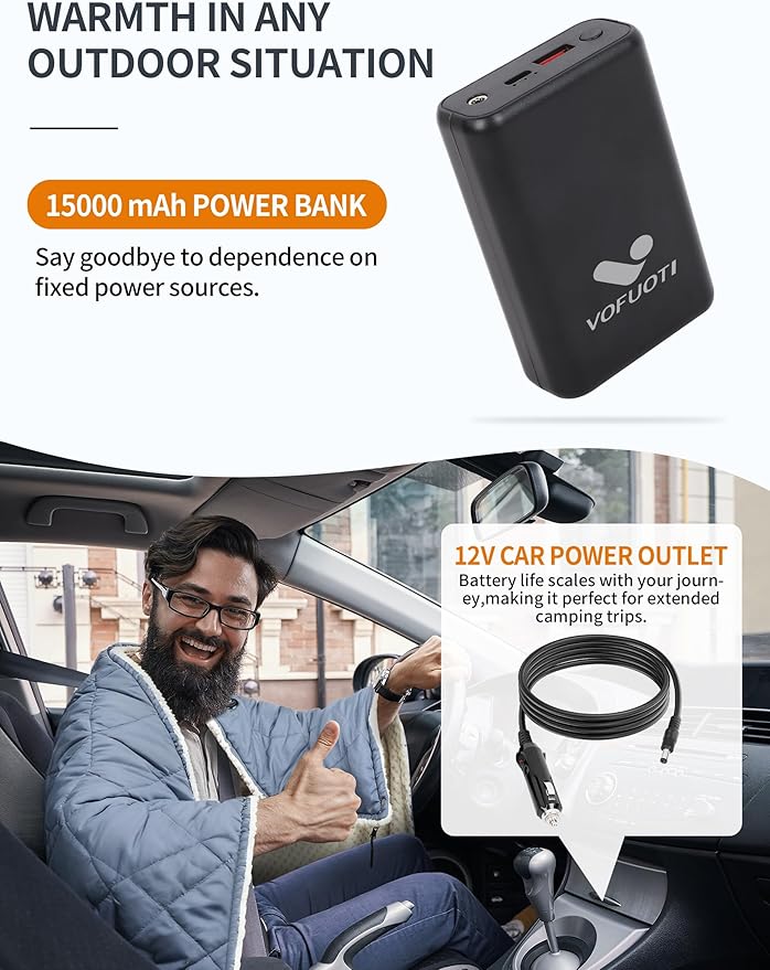 Heated Blanket Battery Operated,12V Cordless heating pad with 15000 battery,Heated Shawl Throw Blanket,Wearable Heated Blanket,Sherpa Lining,3 Heating Set for Car,Camping,Backpacking,Hiking,Travel