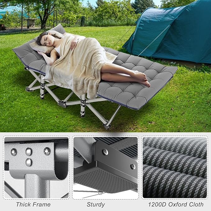 ABORON Camping Cot for Adult 28" Extra Wide, 2PK Heavy-Duty 1200D Oxford Cot for Sleeping, Portable Folding Camp Bed with Mat & Carry Bag