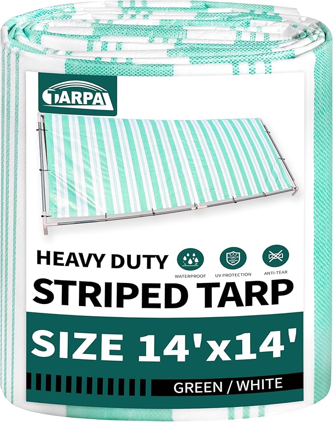 TARPAL Heavy Duty Poly Tarp 14x14 Feet 12mil Striped tarp Multipurpose Protective Cover Durable, Waterproof, Weather Proof, UV,Rip and Tear Proof（Green/White）