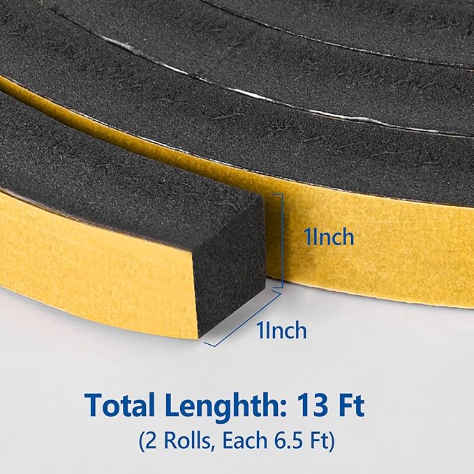 Kikerike Self Adhesive Foam Tape Weatherstrip 1in x 1in x 13Ft High Density Foam Insulation Strips Seal Weather Stripping with Strong Adhesive for Door and Window Sound Isolation Soundproofing