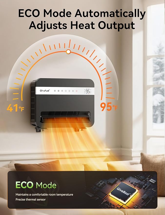 Givebest-Wall-Heater-for-Indoor-Use, 1500W Electric-Space-Heater, 120°Vertical Oscillation,Works with Alexa, Adjustable Thermostat, Remote Control, 24H Timer, Easy-mounted Heater for Indoor Use,Black