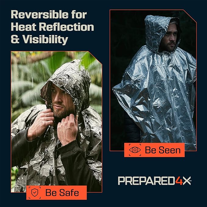 PREPARED4X Emergency Poncho and Mylar Blanket Liner - Waterproof, Wind-Resistant Outdoor Rain Poncho for Camping, Emergencies