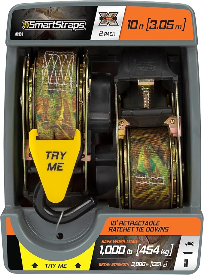 SmartStraps 10’ Retractable Ratchet Straps, 2 Pack — Heavy Duty Camo Ratchet Straps, 3,000lb Break Strength, 1,000lb Safe Work Load — Haul Motorcycles, Boats, and Appliances with Patented Technology
