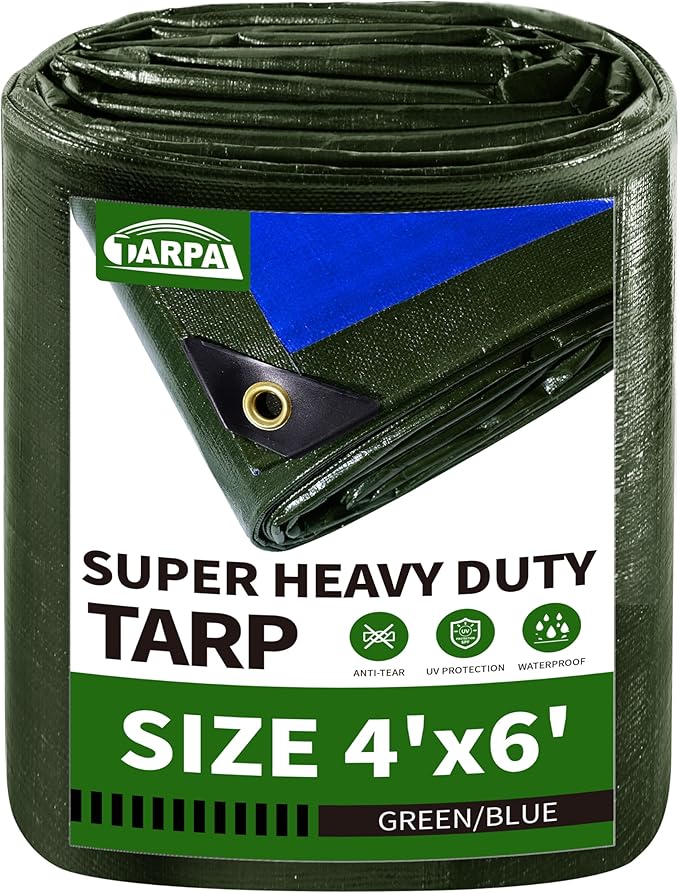 TARPAL Small tarps 4x6FT Waterproof 16mil Heavy Duty Tarp with Metal Grommets Every 17.7" UV Protection&Tear -Resistant Cover for Firewood,Roof,Pool,Car,RV&Outdoor Furniture（Green/Blue）