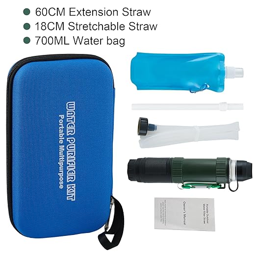 Personal Water Filter Kit for Hiking, Camping, Travel Water Filter Straw Outdoor Portable, Water Purifier Survival Gear and Equipment Army Green