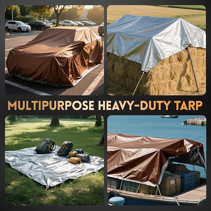 Tarp 20x40 ft Heavy Duty 10mil Silver/Brown 100% Waterproof High Durability Multipurpose Outdoor Tarpaulin,Uv Resistant,for Courtyards,Camping, Canopy, Trailer, Boats, Camping, Etc -by MVPNET