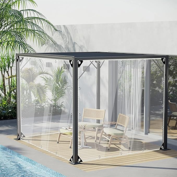 Clear Tarps Heavy Duty Waterproof, Transparent PVC Vinyl Tarpaulin with Grommets, Ropes, Reinforced Edge, Tear-Resistant, Anti-UV for Greenhouse, Patio, Garden, Porch, Pavilion, Outdoor