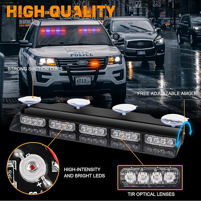 XRIDONSEN 2x 17 inch Emergency Dash Police Lights 40 LED Red Blue Police Light Bar Interior Front/Rear Windshield Strobe Lights Safety Warning Hazard Caution w/Suction Cups for Vehicles Trucks Car