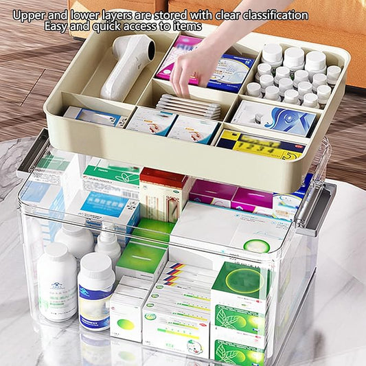 2-Tier Medicine Storage Box with Handle, Clear Plastic First Aid Organizer for Home & Travel, Multi-Compartment Emergency Supplies Container, Family Medicine Box, Pill Bottle Organizer