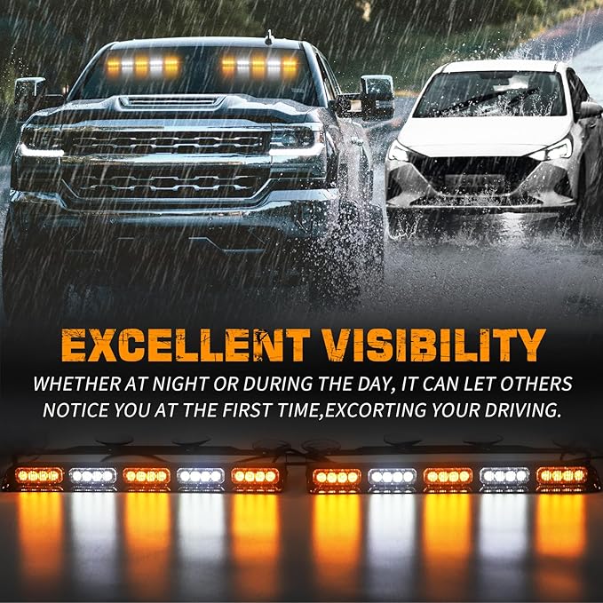 XRIDONSEN 2x 17 inch Emergency Dash Strobe Lights for Trucks Interior Front/Rear Windshield Lights 40 LED Amber White Safety Warning Hazard Lights w/Controller for Plow Trucks Construction Vehicles