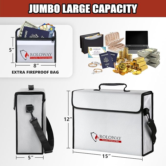 ROLOWAY Large Fireproof Bag 5200℉ Heat Insulated (15 x 12 x 5 inches), Fireproof Document Bag for Cash Safe and Document Safe