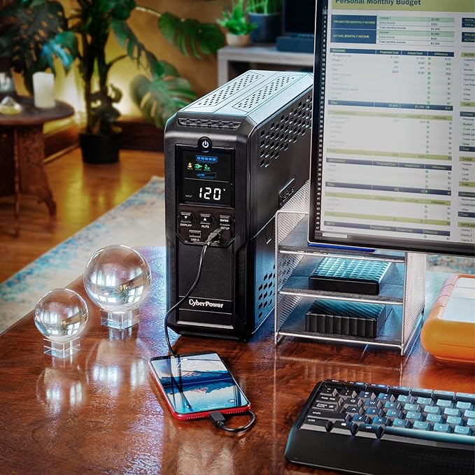 CyberPower CP1500AVRLCD3 Intelligent LCD UPS System, 1500VA/900W, 12 Outlets, 2 USB Ports, AVR, Mini Tower, Black