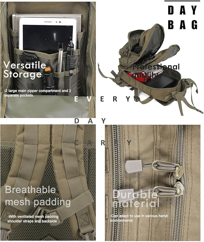 Small Tactical Backpack Military Daypack - 30L Backpack for Men Molle Assault Pack Bug Out Bag for Hiking Camping Travel Army Hunting Rucksack Trekking (Green)