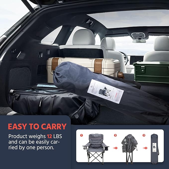 OUTSIDER Folding Camping Chair 400LBS Capacity, Portable Outdoor Lawn Chairs with Ergonomic Lumbar Support, Cooler Bag, Cup Holder, Pockets, Headrest for Beach, Lawn, Hiking (Style-1, 1pc)