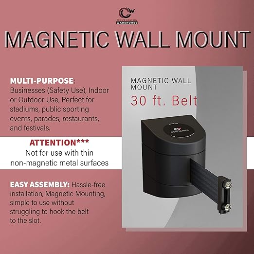 Crowd Control Warehouse - CCW Series WMB-230 Magnetic Wall Mount Retractable Belt Barrier - 30 Foot Belt, Yellow Belt with Yellow ABS Case