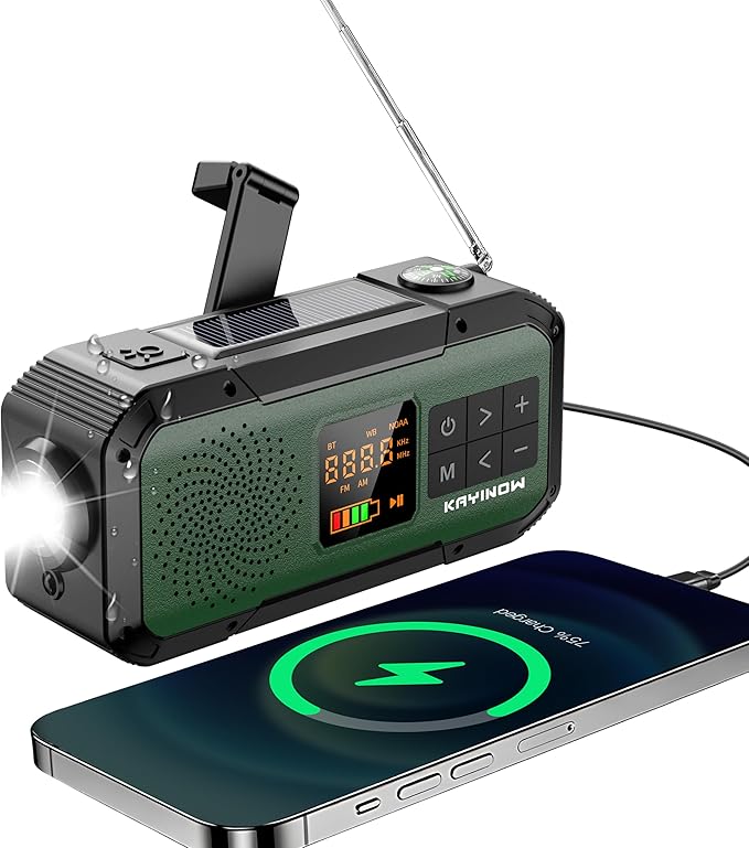 NOAA Weather Radio AM/FM,Portable 2000mAh Rechargeable Battery Operated with USB-C/Hand Crank/Solar Charging,Bluetooth Connectivity,Built-in Light, SOS Alert,Ideal for Camping,Hurricane and Storm Use