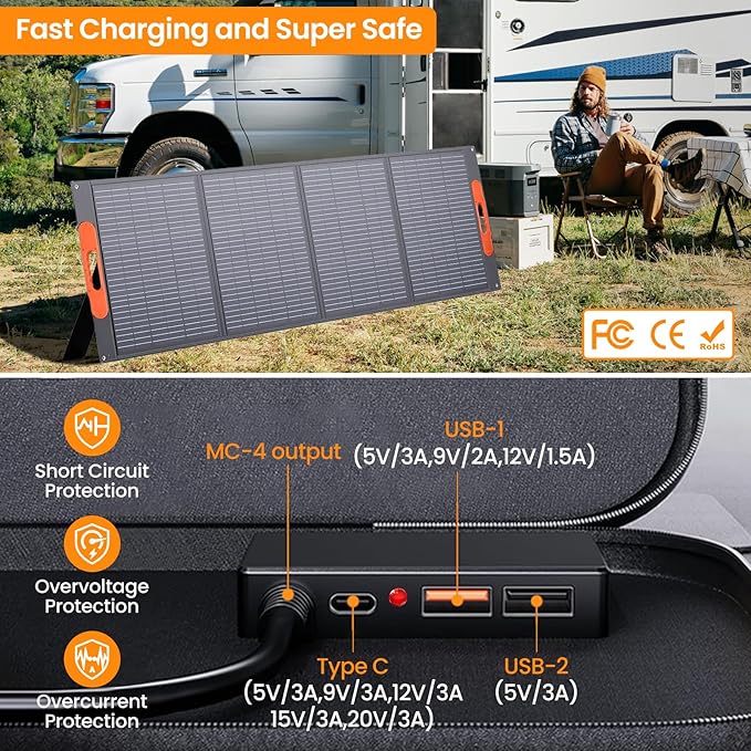 400W Foldable Solar Panel, Monocrystalline Solar Panel, Waterproof ETFE Surfaces (IP67), 24% Conversion Rate, Includes 4-in-1 MC4s Adapter Cable, Ideal for Powers Stations, RVs, Hiking, Camping