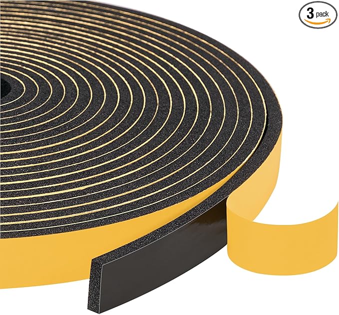 Yotache Foam Weather Stripping Seal Tape 3 Rolls 1/2" W X 1/8" T for Doors and Windows Gasket Insulation Soundproofing, 50 Ft Length (3 X 16.5 Ft Each)