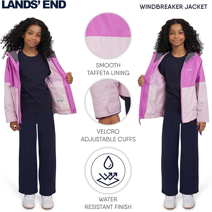 Lands' End Unisex Kids 3-in-1 Water Resistant Windbreaker and Zip-out Polar Fleece Jacket