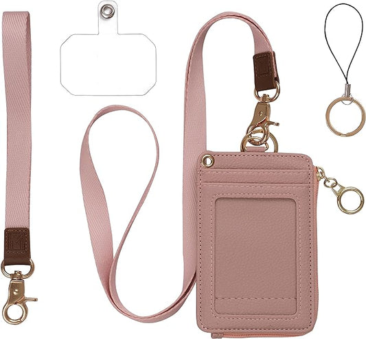 2-in-1 ID Badge Holder & Lanyard Wallet - Multi-Use Womens Small Wallet with Removable Wristlet & Neck Lanyard, Clear Window, 5 Card Slots, Phone Holder, Ring Keychain - Nude Pink