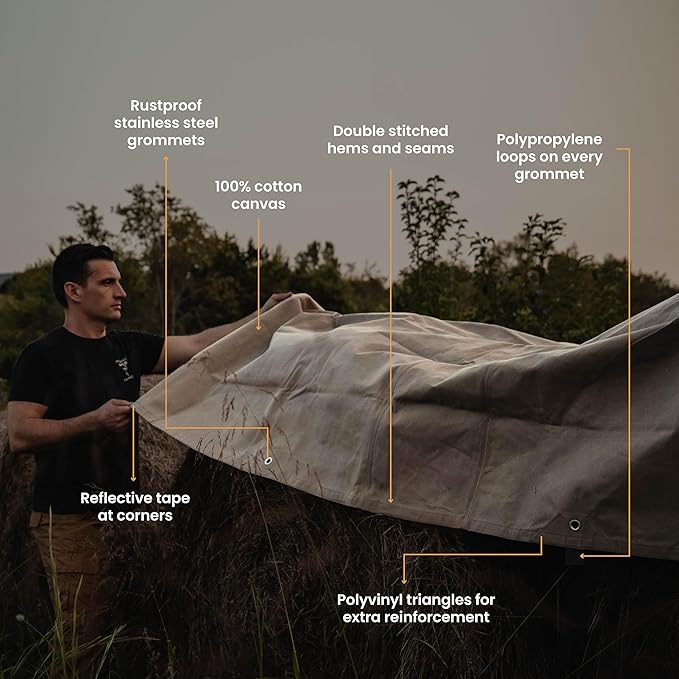WHITEDUCK Canvas Tarp 18 oz. Heavy Duty Waterproof UV Resistant, Rustproof Grommets, Industrial & Commercial Use Cloth Tarp (Cut Size: 8'x16', Finished Size: 7'6" x15'6", Brown)