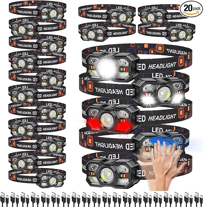 KunHe 20 Pack led Rechargeable Headlamp Flashlight Headlight Motion Sensor 10 Mode for Outdoor Camping Gear Hiking Fishing Running Cycling Headlight Emergency Lights for Home Christmas Gifts for Men