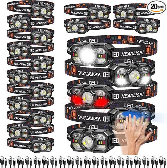 KunHe 20 Pack led Rechargeable Headlamp Flashlight Headlight Motion Sensor 10 Mode for Outdoor Camping Gear Hiking Fishing Running Cycling Headlight Emergency Lights for Home Christmas Gifts for Men