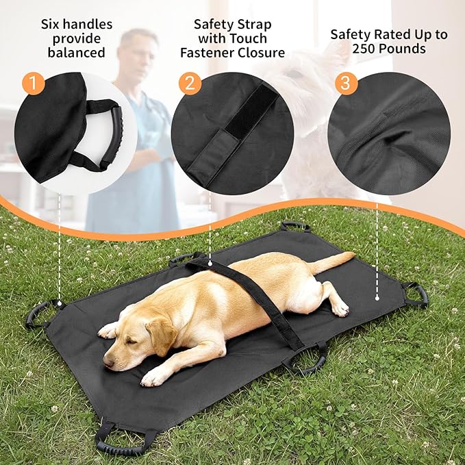 Geiserailie Transport Stretcher for Large Dogs with 6 Handles 47" L x 29" W Animal Folding Emergency Transport Carrier with Safety Strap, Max 250lbs (Black)
