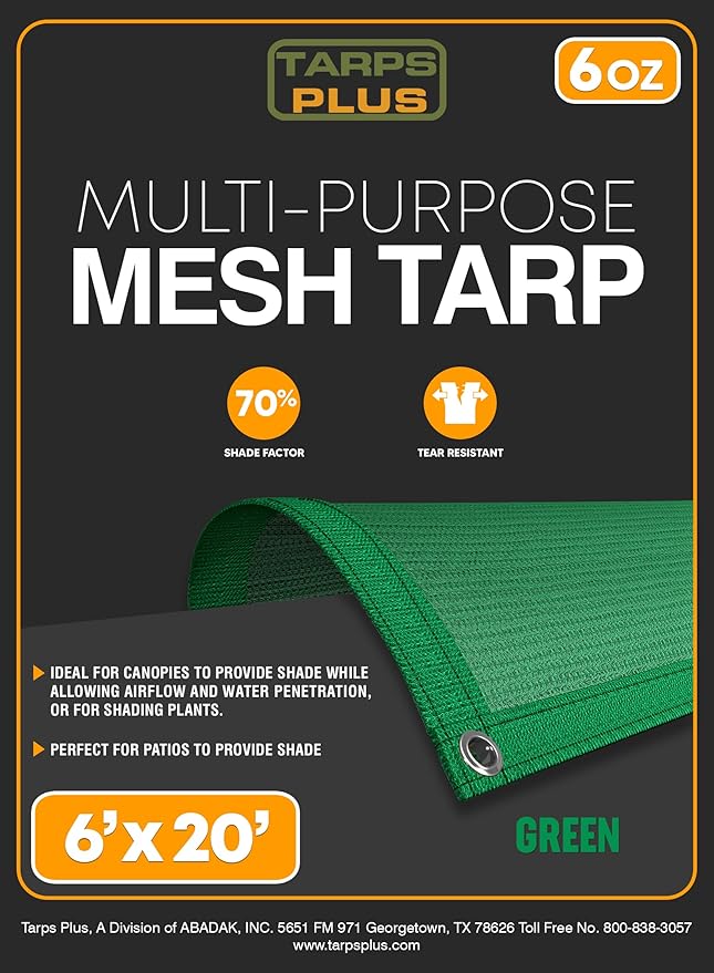 UV Resistant Green Mesh Tarps 6' x 20' - Rip & Tear Proof Resistant Polyethylene Mesh for Plant Garden, Greenhouse House Patio, Car, Truck, Boat or RV, 70% Sunblock Shade