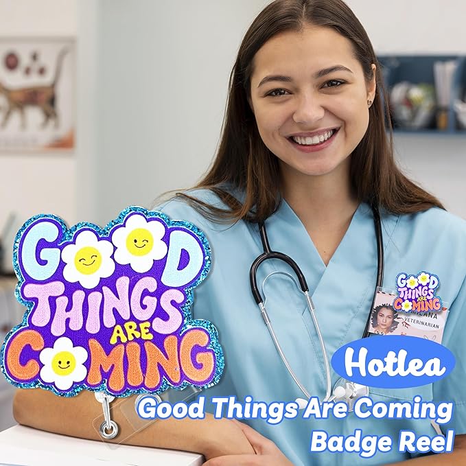 Good Things Coming Badge Reel with Alligator Clip Funny ID Badge Holders Cute RN LPN CNA MA PCT Badge Buddy Healthcare Medical Students Nurse Accessories for Work