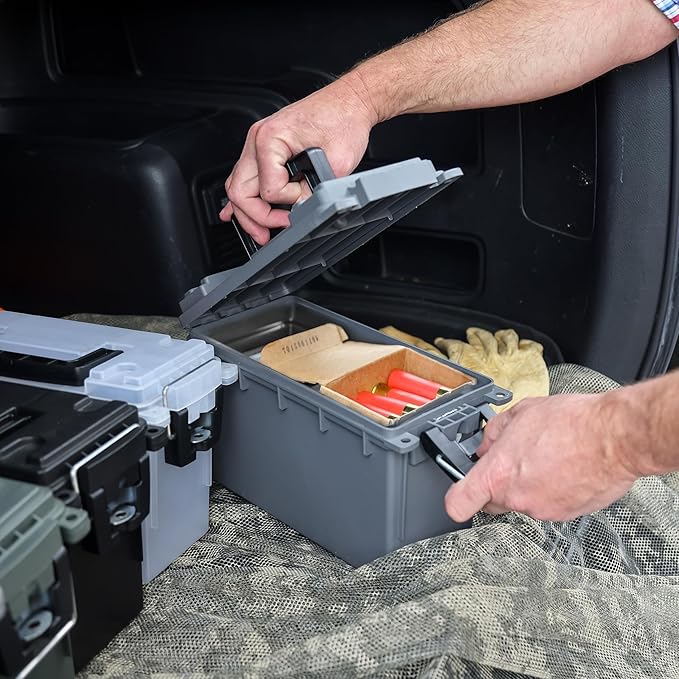 Sheffield 12628 Ammo Storage Box, Stackable .30 Cal Field Boxes, Water and Dust Resistant, Lockable Storage Box with Handle, Secures Hunting Gear, Supplies, and Bullets, Made in USA, Gray, 1-Pack