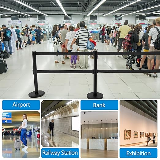 Therwen 6 Pcs Double Retractable Belt Barrier with Stanchion Dual Retractable Safety Belt Heavy Duty Crowd Control Stanchions Stainless Steel Post Holder Safety Barrier Stand (9.8 ft,Black)