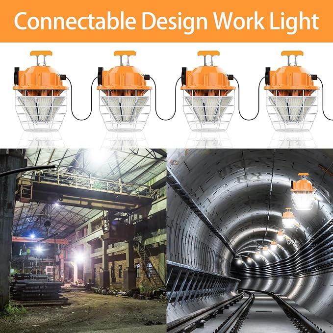 150W LED Temporary Work Light 24750Lm 5000K Daylight Bright Construction Lights Portable Hanging Light IP65 Waterproof, Temp Lighting Indoor Mine Workshop High Bay Outdoor Jobsite