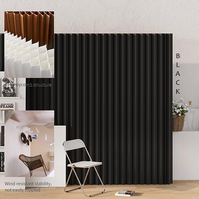 Paper Room Divider, Folding Privacy Screen Lightweight Stretchable Accordion Room Divider Wall, Portable Paper Wall Divide for Home, Office, Clothing Shop (Black, L：118in x W: 17in x H：87in)