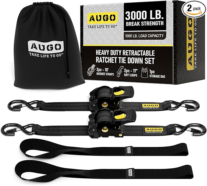 AUGO Retractable Ratchet Straps | 2 Heavy Duty Ratchet Straps Self Retractable Tie Downs with Soft Loops & Storage Bag for Motorcycle, Truck, Trailer, Cargo Van | 3000 Lb Break Strength 2” x 10’