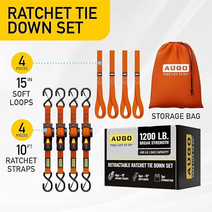 AUGO Retractable Ratchet Straps | 4 Heavy Duty Self Retractable Tie Down Straps with Soft Loops & Storage Bag for Motorcycle, Truck, Trailer, Cargo Van | 1200 Lb Break Strength 1' x 10'