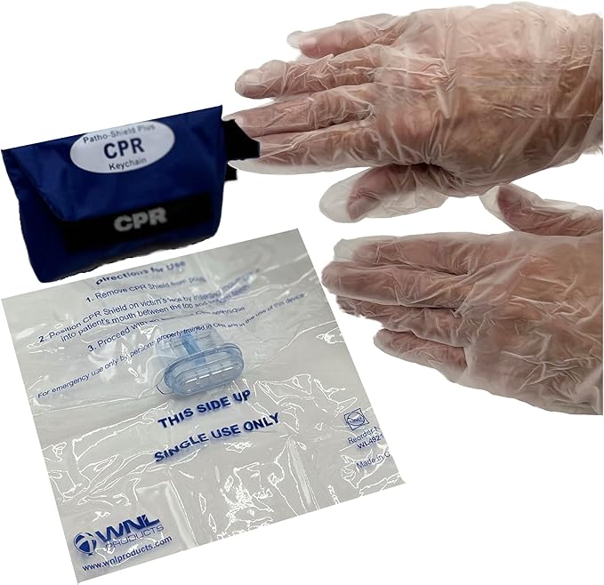 WNL Products FAK5000G-BUNDLE Adult/Child CPR Rescue Mask Kit with CPR Keychain - Hard Case CPR Mask with One-Way Valve, Gloves, Antiseptic Wipe, and Face Shield Keychain Barrier - Bundle