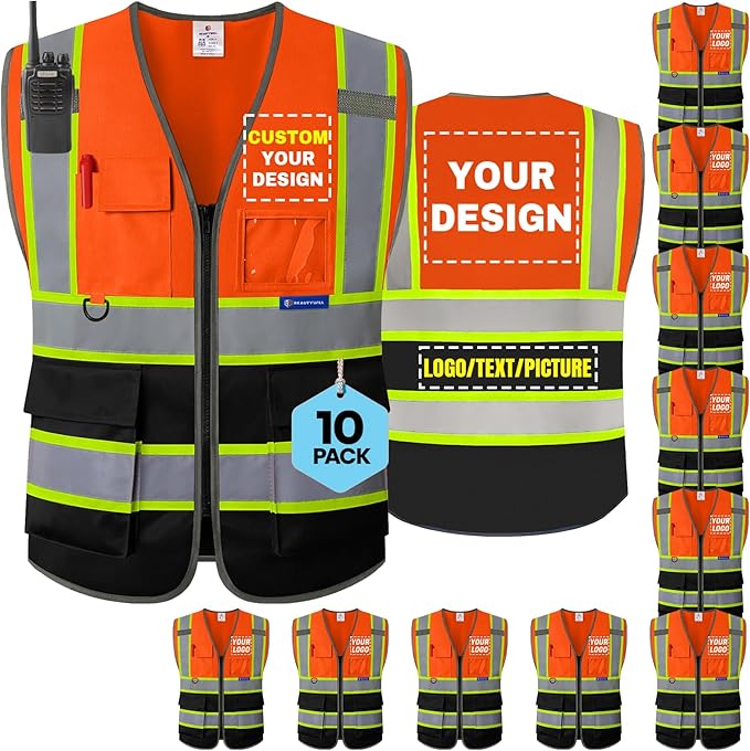 BeautyWill 10 Pack Custom Logo Safety Vest ANSI Class 2 High Visibility Reflective Vest Personalized Construction Vest Bulk