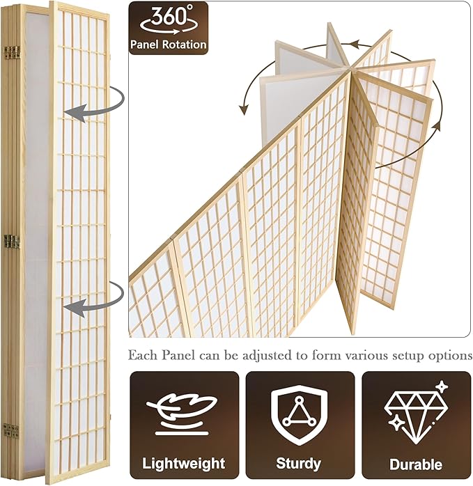 WelFurGeer 6 Panel Room Divider, Folding Privacy Shoji Screens, Room Partitions and Dividers, Decorative Room Dividers, Wall Dividers for Room Separation, Japanese Wood Room Divider for Home (Natural)