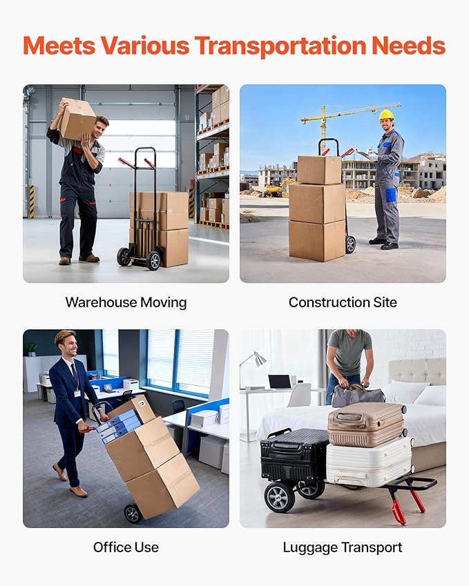 VEVOR Steel Pneumatic Hand Truck Dolly, Convertible Heavy-Duty Moving Dolly Cart with Handle, 600 LBS Portable Trolley Dolly with Tie-Down Strap for Moving Home, Office, Warehouse, Supermarket